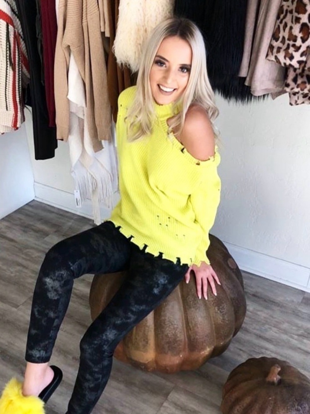 Neon Yellow Off-the-Shoulder Distressed Sweater